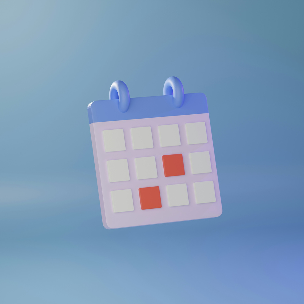 3D-kalendericoon met lichtpaars lichaam en blauwe strip, grid van twaalf witte vakjes met twee rood gemarkeerde dagen, op zachtblauwe achtergrond