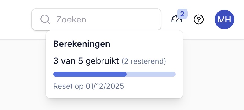 Een screenshot van de webapp waar het aantal resterende berekeningen wordt weergegeven