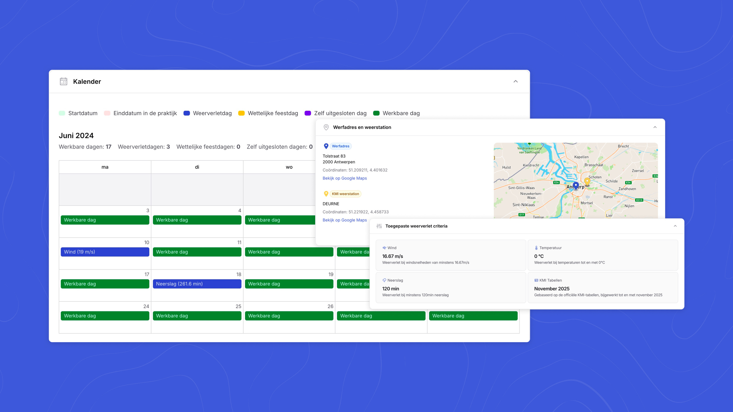 Een screenshot van app.weerverlet.be met een kalender juni 2024 met legenda (startdatum, einddatum, weerverletdag, feestdag, uitgesloten, werkbare dag) en pop-up met werfadres, KMI-weerstation, kaart en toegepaste weerverletcriteria.
